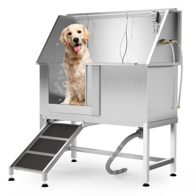 Dog Bathtub Stainless Steel Dog Grooming Tub with Left Ramp Professional Pet Dog 50inch Stainless Steel