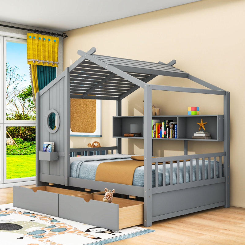 Lit en bois avec tiroirs et tablettes de rangement, Double