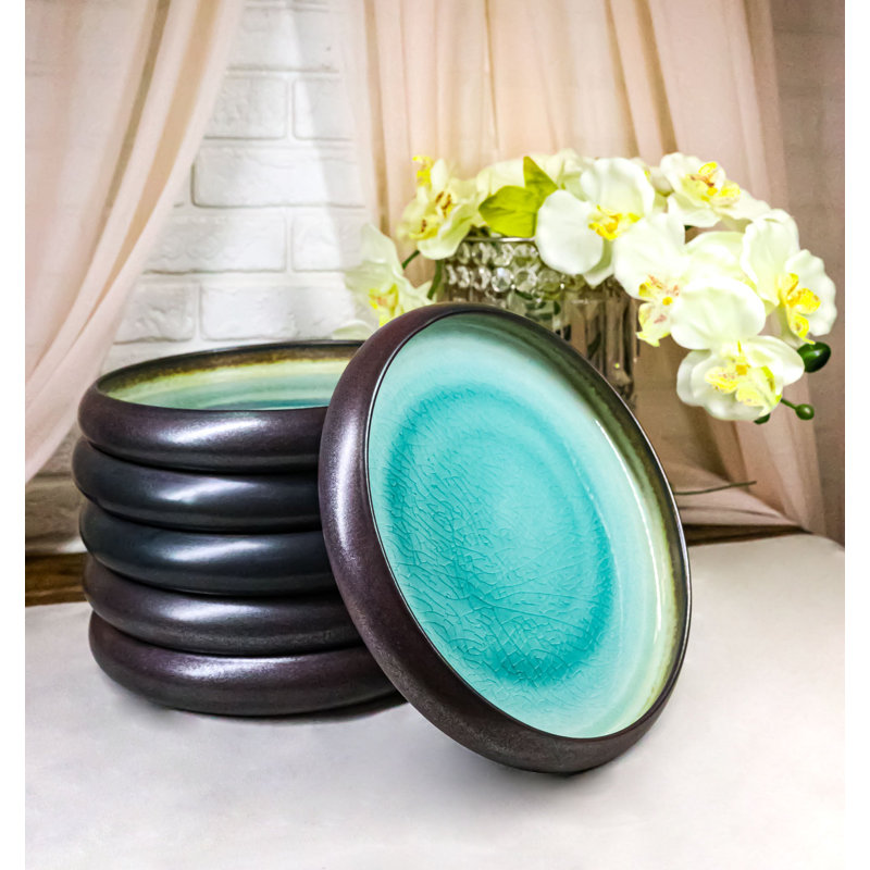Lot de 6 assiettes creuses rondes ondulées en porcelaine Midori Kannyu Blue Sky verte, 23 cm de diamètre