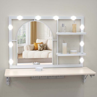 Coiffeuse murale flottante avec miroir arqué pour garde-robe, miroir de coiffeuse avec 12 ampoules DEL, cadre en métal, avec 4 étagères en métal, 89 x 74 cm