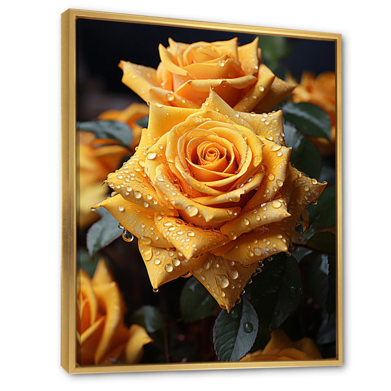 Dayvid jaune noir rose élégance I - imprimé, Cadre flottant doré, H 20 po x l 12 po x P 1 po