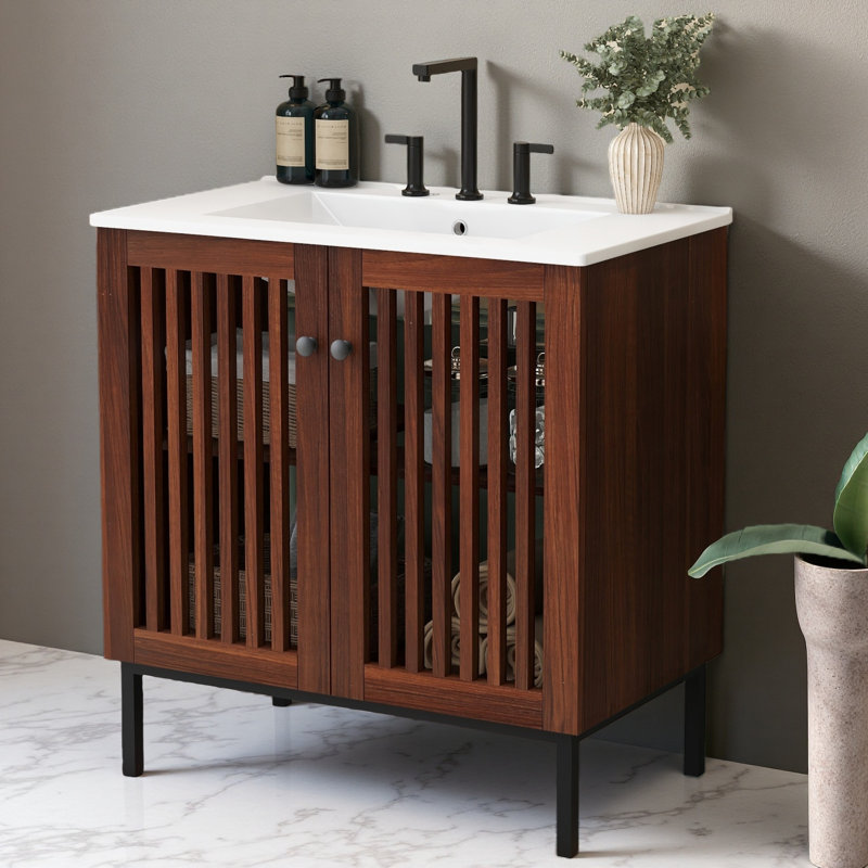 Meuble-lavabo de salle de bain rétro 30 po avec lavabo en céramique, meuble-lavabo moderne avec 2 portes à fermeture en douceur (conception de clôture) et grand espace de rangement, équipé de 4 pieds en fer robustes