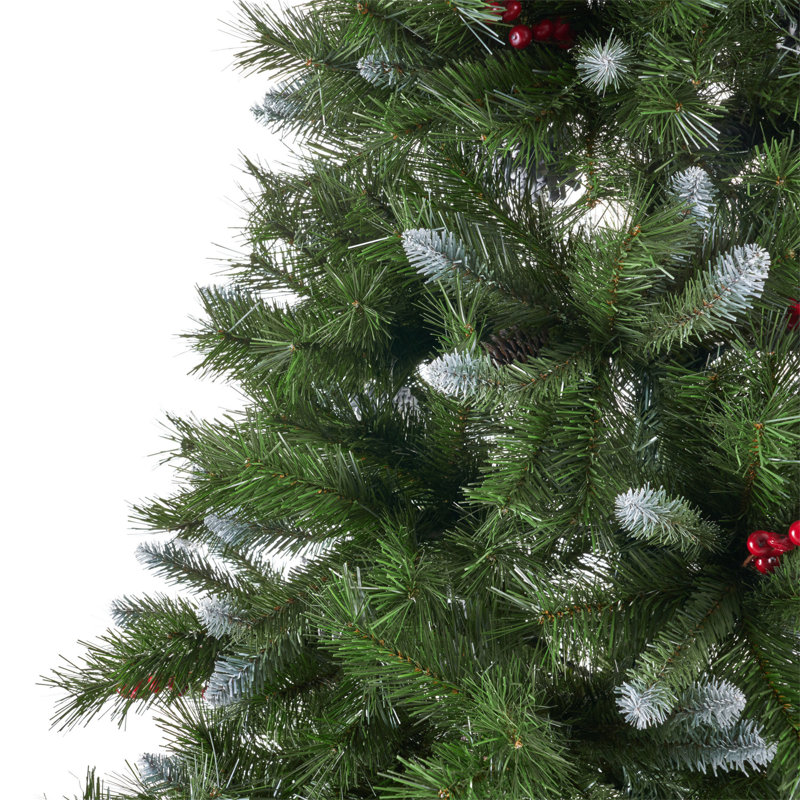 Arbre articulé givré 7 pi avec 52 pommes de pin givrées et 26 baies rouges et diamètre: 53 po, 1219 pointes, Non