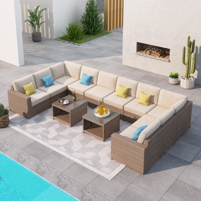 Ensemble de conversation modulaire en rotin 12 pièces avec coussins Amberson