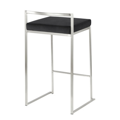 Tabouret de comptoir empilable 26 po contemporain en acier inoxydable avec coussin en velours noir - ensemble de 3