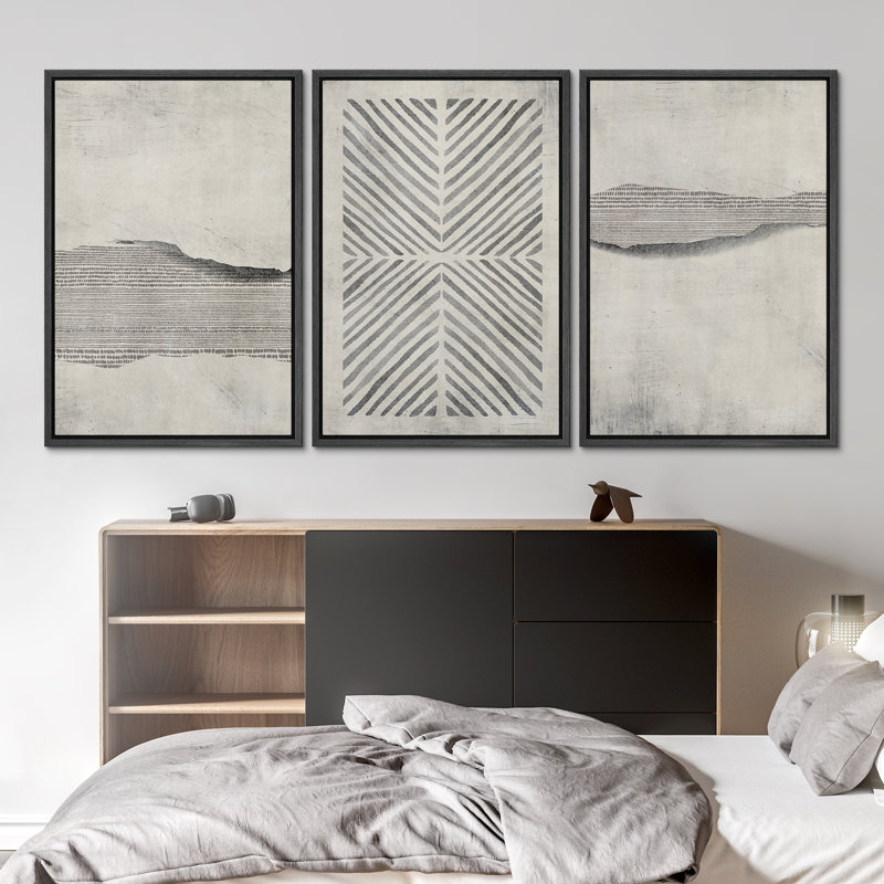 Geometric Abstract Simple Neutral Modern Pictures Home Decor - Framed Canvas Print Wall Art Work, Black Framed