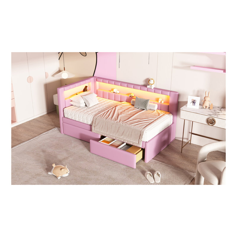 Lit plateforme tapissier simple avec ports USB et ceinture à DEL, avec 2 tiroirs, rose, Rose