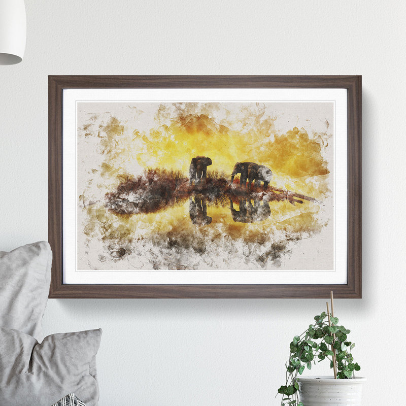 Elephants at Sunset Watercolour - Picture Frame Graphic Art, Walnut, 65cm H x 90cm W x 2cm D