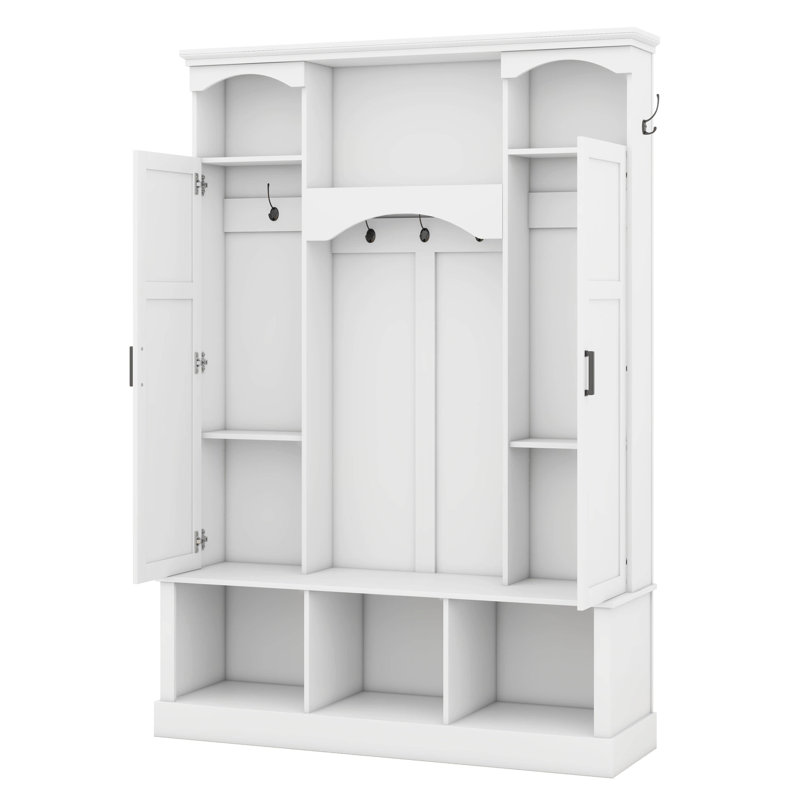 Modern Farmhouse Hall Tree With Adjustable Shelves & 7 Hooks, Entryway Organizer, Shoe Cabinet & Storage Bench, White