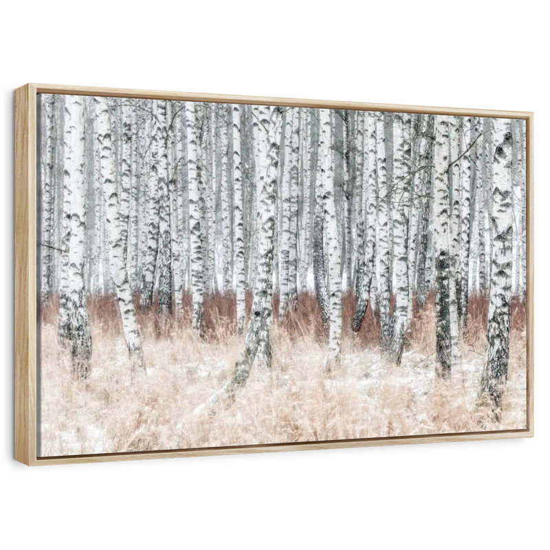 Winter Season Birch Forest, Floating Frame Natural Wood, 31" X 21"