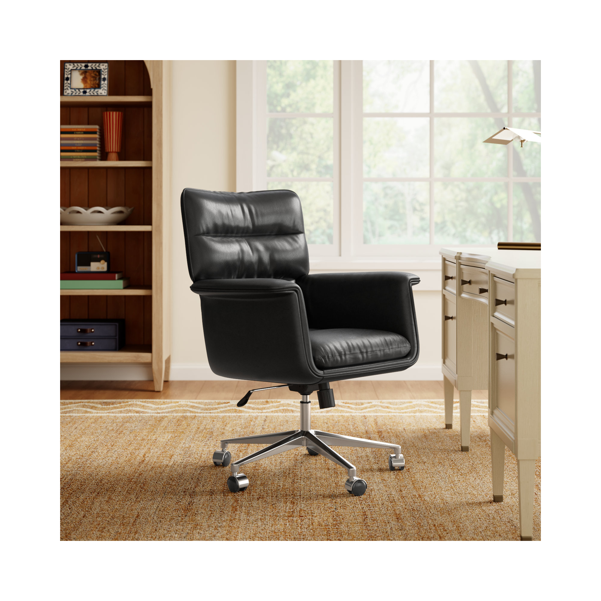 Savita Swivel Office Chair, Sonoma Black Genuine Leather