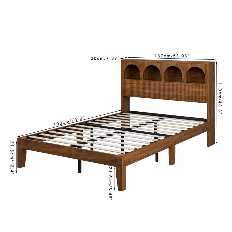 Queen Bed Frame With Storage Headboard, No Box Spring Required, Walnut, Full