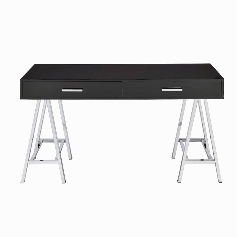 Bureau d'écriture 2 tiroirs avec base en métal ultrabrillant et chrome