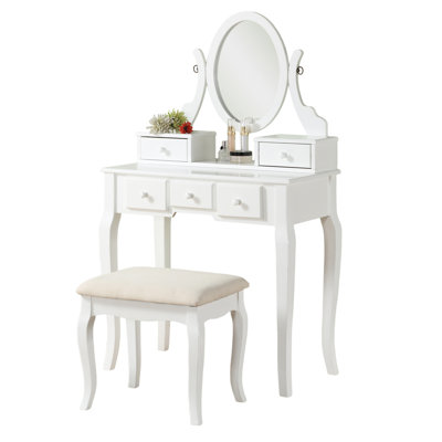 Table de coiffeuse blanche et tabouret By Wood - Miroir ovale réglable et 5 tiroirs pour le rangement des cosmétiques
