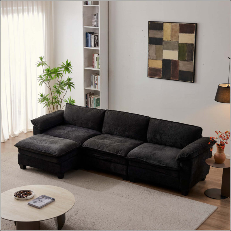 Canapé de luxe en L rembourré en chenille avec repose-pieds, Noir