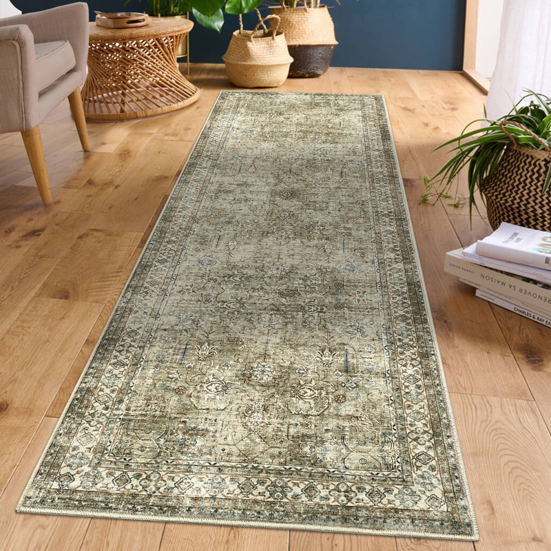 Vintage Machine Washable Rug for Living Room  Non Slip Non Shedding Floor Cover  Low Pile Carpet Foldable Floral Print Soft Mat for Nursery Bedroom Office