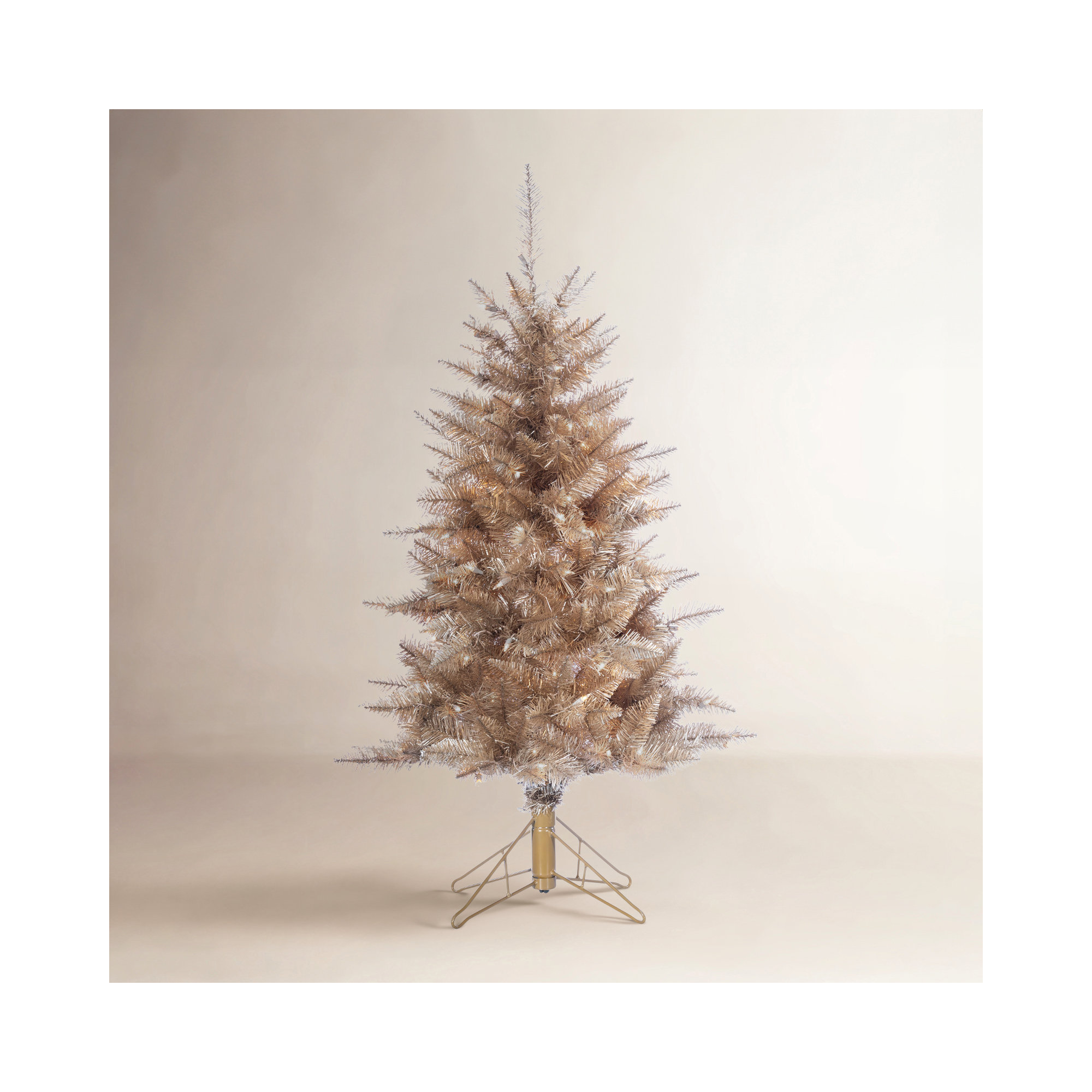 Sleek Gold Slim Christmas Tree With Warm White LED Lights, 5'