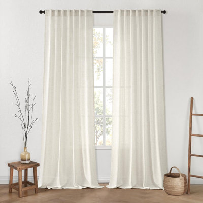 96 Inches Long Natural Linen Curtains 2 Panels, Pinch Pleated Hooks Thick Linen Textured Window Drapes Back Tab Semi Sheer Light Filtering