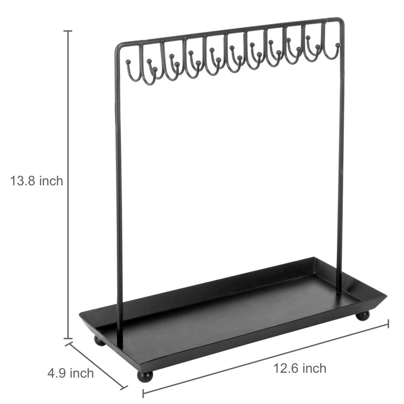 Black Metal 14-Inch Jewelry Organizer Stand with Hooks and Tray