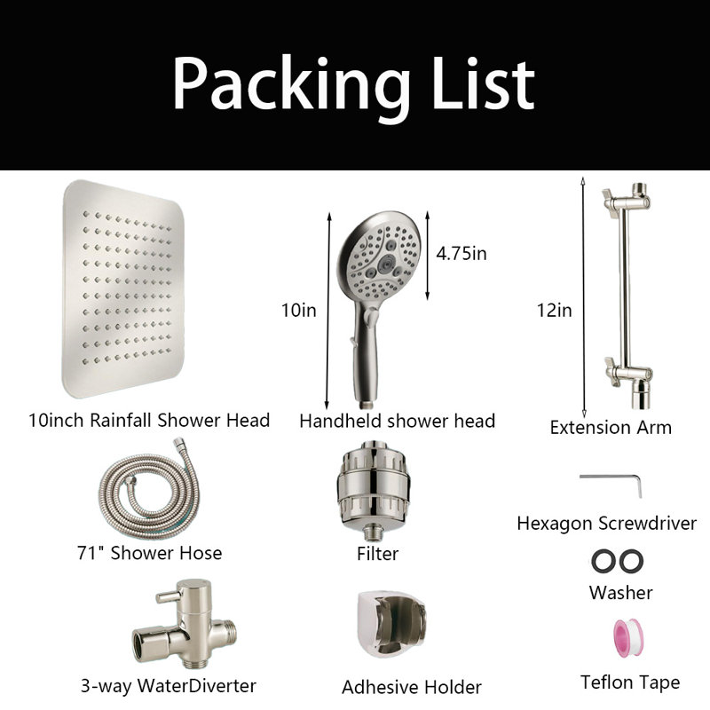 10'' Shower Head With Handheld, 20 Stage Filtered Shower Head,  6 Spray Settings Handheld Shower Head High Pressure Rainfall Filter Combo With 12'' Adjustable Extension Arm, 71'' Shower Hose