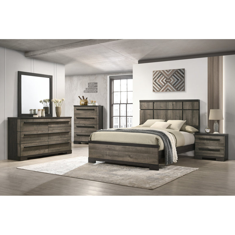 1pièce grand lit contemporain avec tête de lit et tête de lit en bois d'ébène gris, Gris / Ébène, Grand lit