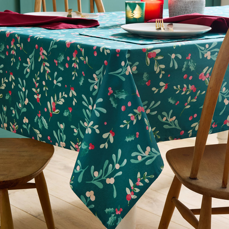 Christmas Holly and Mistletoe Cotton Table Cloth, 137cm W x 229cm L