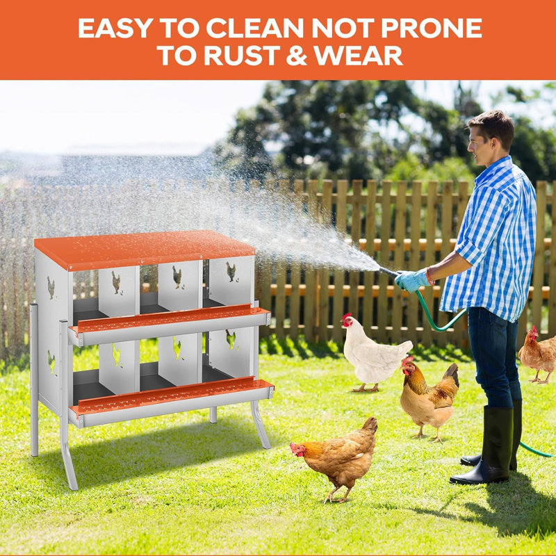 Chicken Nesting Boxes with Bracket Legs,Two-Tier Metal Chicken Egg Laying Box with 6 Compartments Large Vented Holes for Egg Collection,Orange