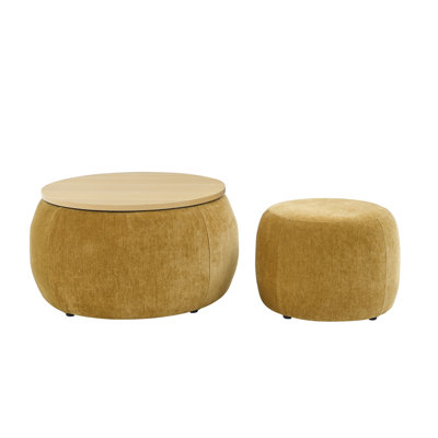 Repose-pieds rond avec rangement 2 en 1 - Repose-pieds multifonctionnel et table de bout avec petit siège, jaune foncé, mobilier de salon