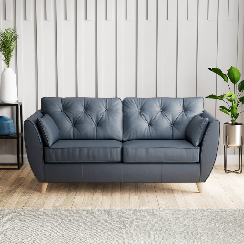 Marylin 3 Seater Leather Sofa, Navy, Light Wood