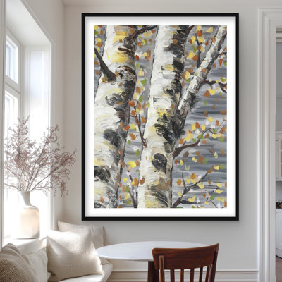 «Budding White Birches - Grey Landscape», reproduction d'art encadrée