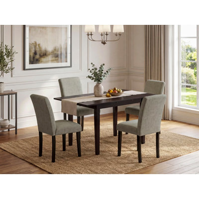 Cet ensemble de salle à manger 5 pièces comprend une table de salle à manger rectangulaire avec feuille papillon et 4 chaises Parson rembourrées en lin Shitake, noir