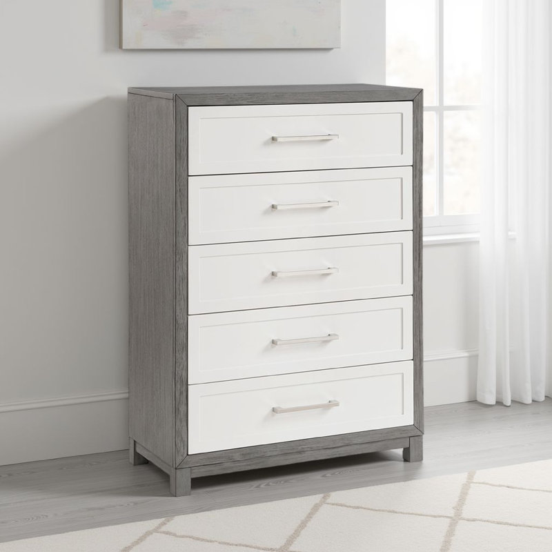 Commode haute à 5 tiroirs Rowy, placage ivoire et gris