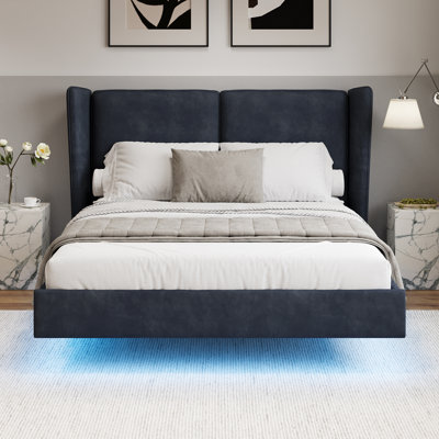 Modern Style Velvet Fabric Floating Bed Frame With LED Lights Wingback Upholstered Bed No Box Springs Needed,