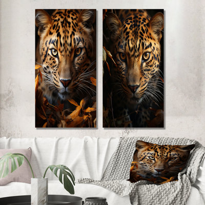 Leopard Golden Stalker Portrait Gaze - Leopard Canvas Art Print Set Of 2