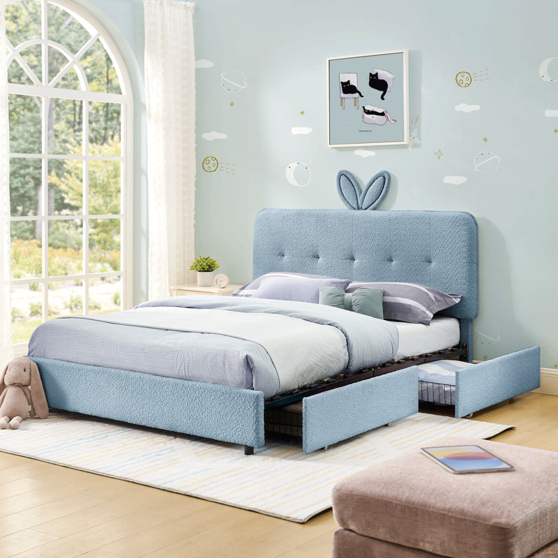 Lit pleine grandeur pour enfant avec tête de lit surdimensionnée pour oreilles de lapin, lumière DEL et 4 tiroirs de rangement, tissu bouclé (79,5 po x 55,75 po x 41 po)