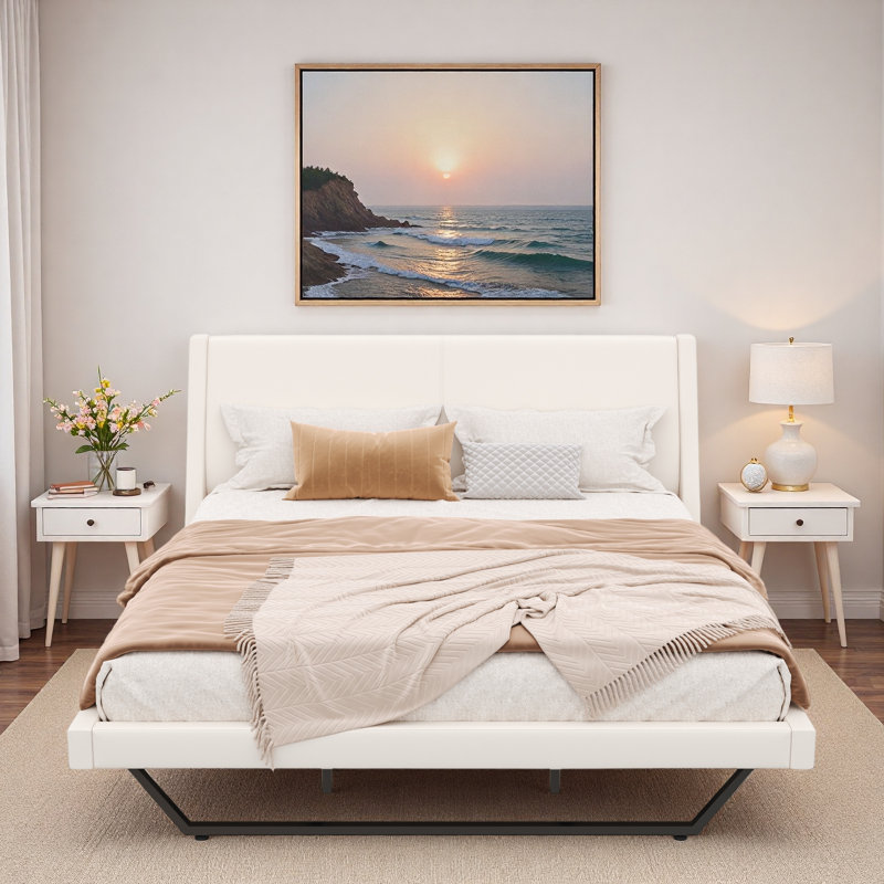 Lit plateforme tapissier avec design en forme de vague et pieds en forme de trapèze, Blanc