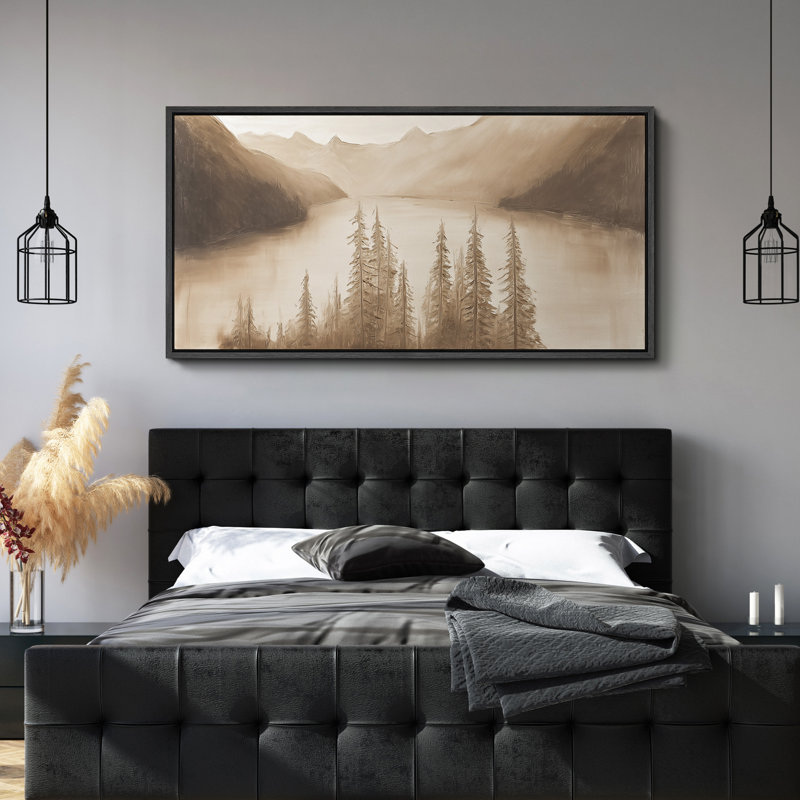 «Sepia Mountain Lake Landscape with Pine Trees - Large Art encadré sur toile, chambre principale, Noir