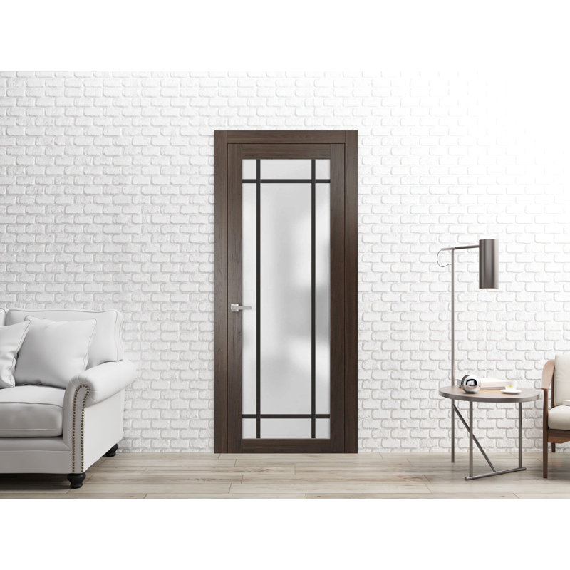 Porte française pleine prémontée 32 x 80 pouces Planum 2112 Frêne Chocolat Verre Dépoli Panneau Simple Standard Cadre Moulures Poignée Salle de Bain Chambre Portes Robustes
