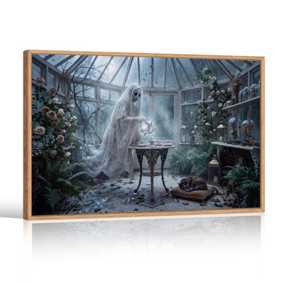 Fantôme versant du thé dans une serre en verre avec des roses - Toile murale d'Halloween