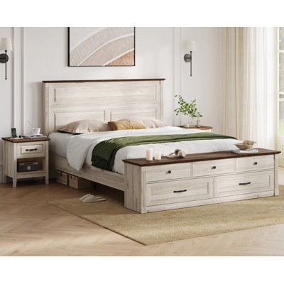 Vann 3-Piece Farmhouse Bedroom Set, Queen Bed Frame With Storage Bench & 2 Nightstands With Charging Ports