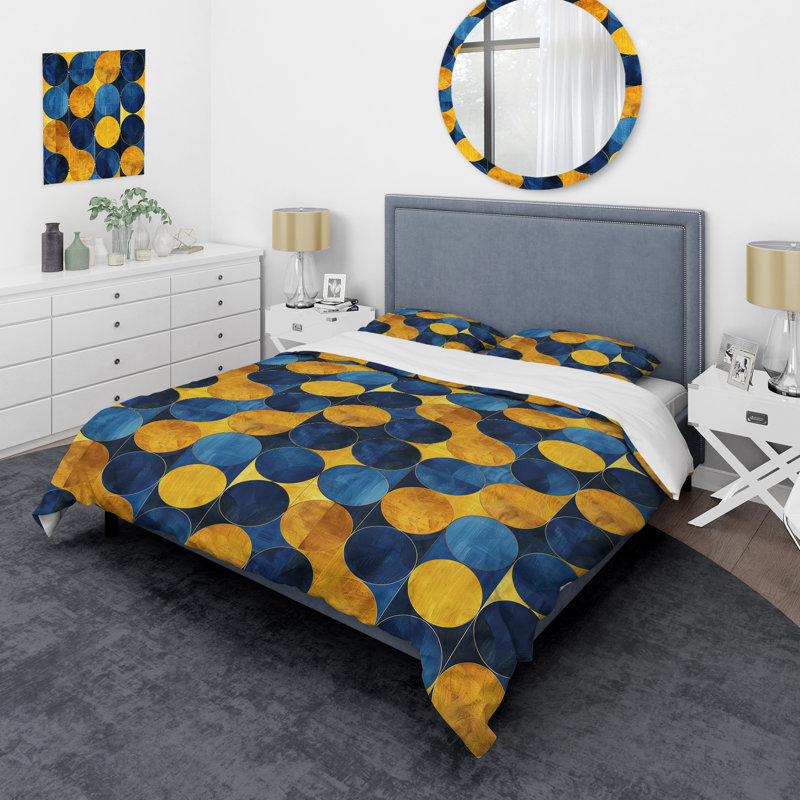 Ensemble de housse de couette moderne bleu et jaune Modern Circles IV, Housse de couette très grand + 2 très grandes ta