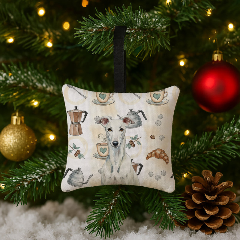 Ornement suspendu en tissu blanc avec lève-personne 3,5 x 3,5, Greyhound White