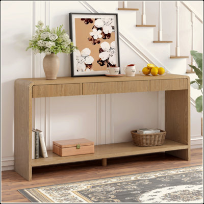 Console moderne à 3 tiroirs avec lattes verticales, conception à bord arrondi, parfaite pour le vestibule, le couloir ou derrière le canapé