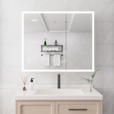 Armoire à pharmacie de salle de bain avec lumières, armoire à pharmacie DEL 36 po x 30 po avec miroir, armoire à pharmacie à double porte avec désembueur, gradateur, horloge et affichage de la température, 2 prises et ports USB