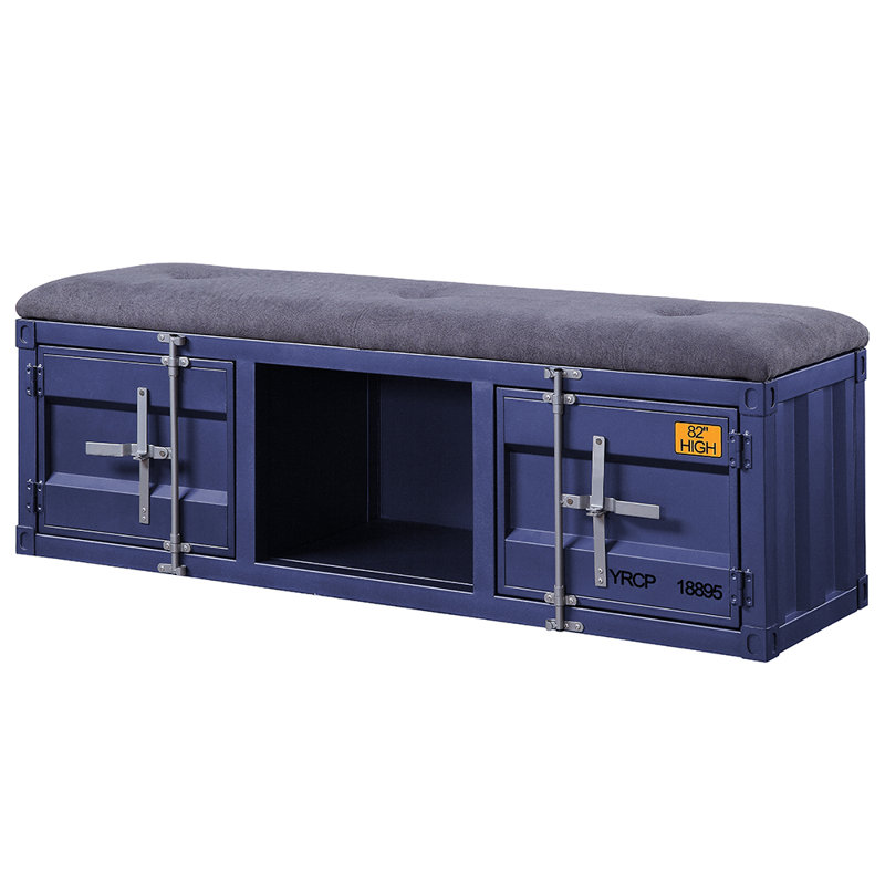 Blue Metal Storage Bench with Gray Fabric Seat