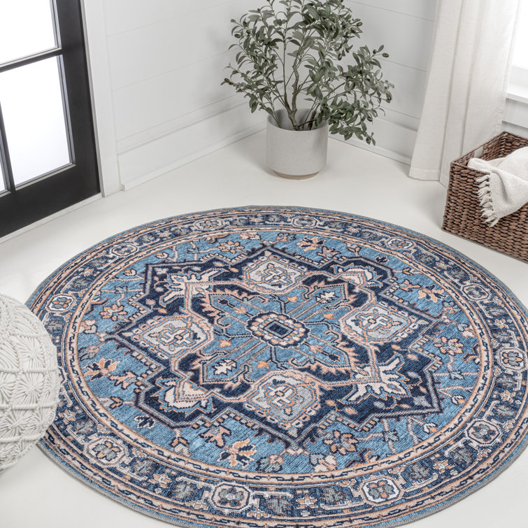 Huddleston Ornate Large Medallion Machine-Washable Blue/Beige Rug
