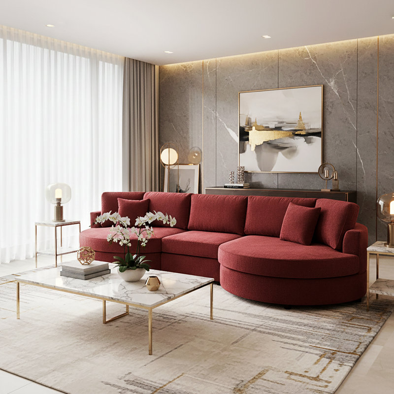 Marlowe 3-Piece Curved Chenille Upholstered Sofa With Plush Cushions, Rounded Arms, And Sculptural Silhouette, Red Chenille