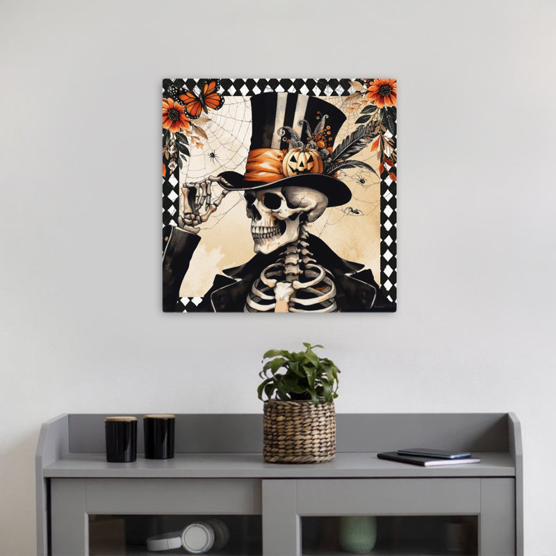 Art floral rétro squelette d'Halloween, H 18 po x l 18 po