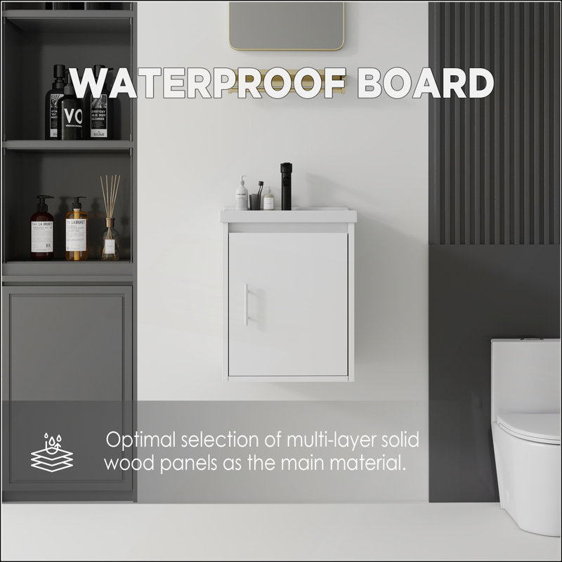 Meuble-lavabo flottant 16 po avec lavabo en céramique, porte à fermeture en douceur et contreplaqué durable blanc, Blanc, 16"