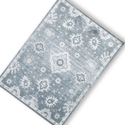 Tapis traditionnel lavable Avans, motifs gris-ivoire, polyester bleu 8 x 10